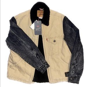 Levi's Beige Canvas Body with Black Washed Denim Sleeves Sherpa Collar Jacket